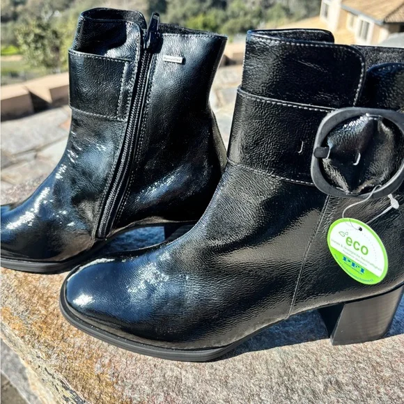 NEW $530 PAUL GREEN Panache Waterproof Bootie BLACK CRINKLED PATENT 8.5 US/6 AU